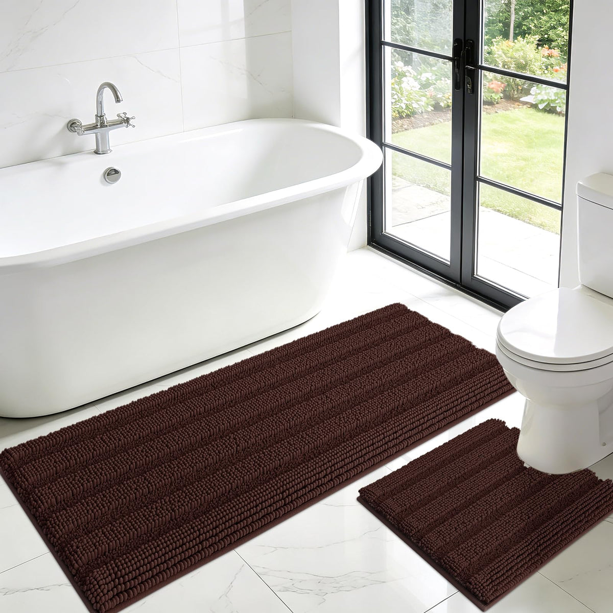ACCUMTEK Christmas Striped Pink Bathroom Rug Set 3 Pieces Ultra Soft, Non Slip Chenille Toilet Mat, Absorbent Plush Shaggy Bath Mats for Bathroom, Bedroom, Kitchen