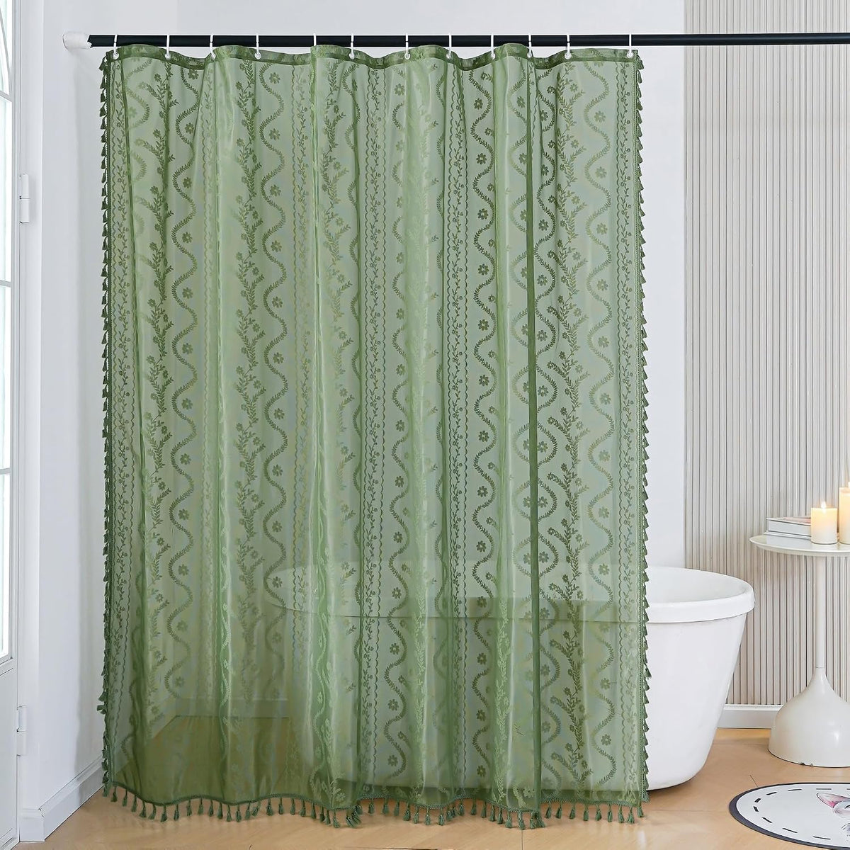 WAZZIO Dark Sage Green Lace Shower Curtain,Boho Chic,72 x 84 in