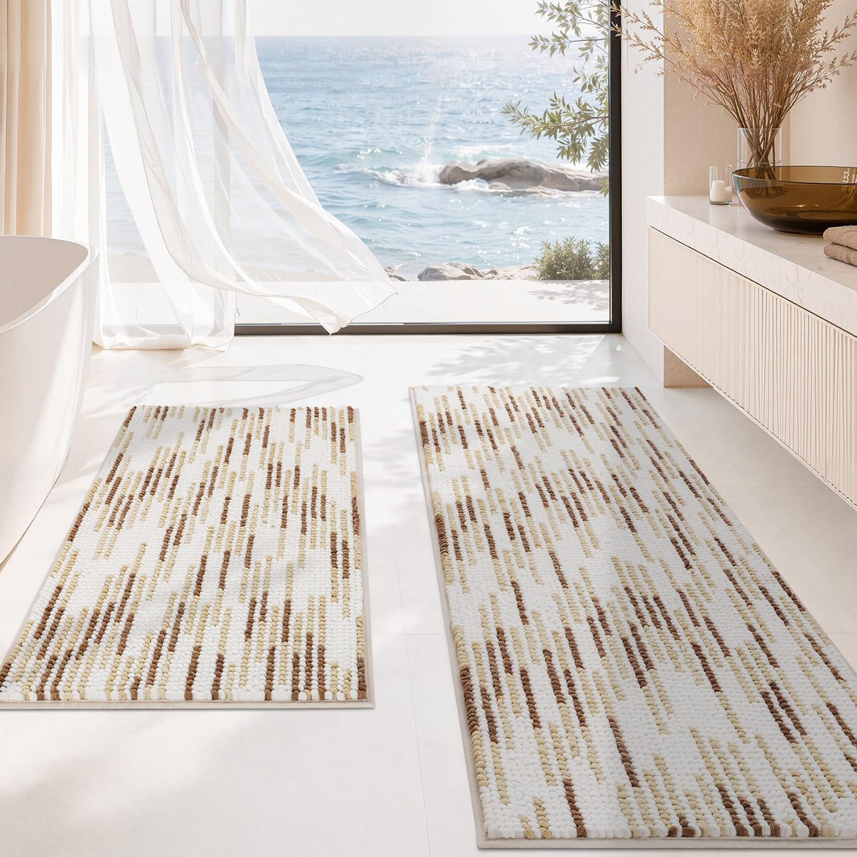 BSICPRO Large Chenille Bathroom Rugs Runner, 20x47 Striped Bath Mats, Beige