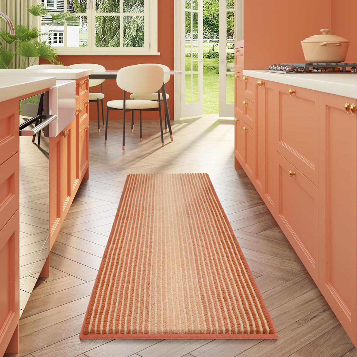 BSICPRO Large Chenille Bathroom Rugs Runner, 20x47 Striped Bath Mats, Beige