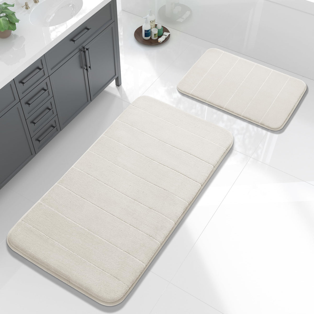 Yimobra Memory Foam Bathroom Rugs Sets 2 Piece - Super Soft Absorbent Quick Dry Bath Mat Set, Machine Washable Non Slip Floor Carpet for Tub Shower & Single Sink (17x24 & 31.5x20 Inch, Gray)