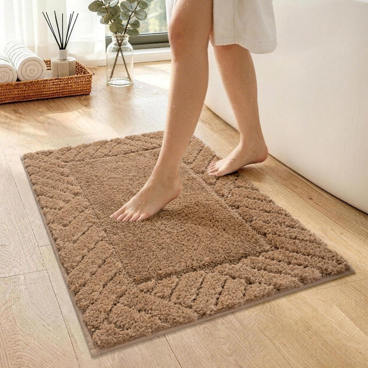 48x17 Long Bathroom Runner Rugs Beige, Non Slip Washable Bath Rugs