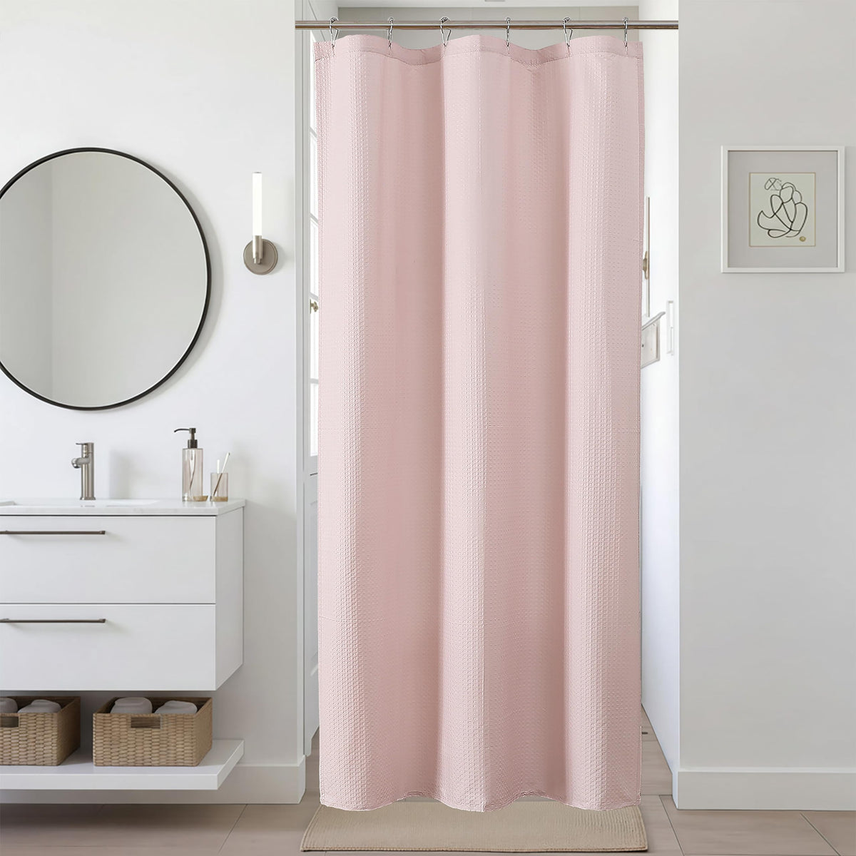 Pink Shower Curtain 72 Inch Length 1 Piece, Waffle Embossed Textured Soft Fabric Hotel Shower Curtain for Bathroom, Modern Polyester Water Repellent Machine Washable Bath Decor, 72Wx72L Inches