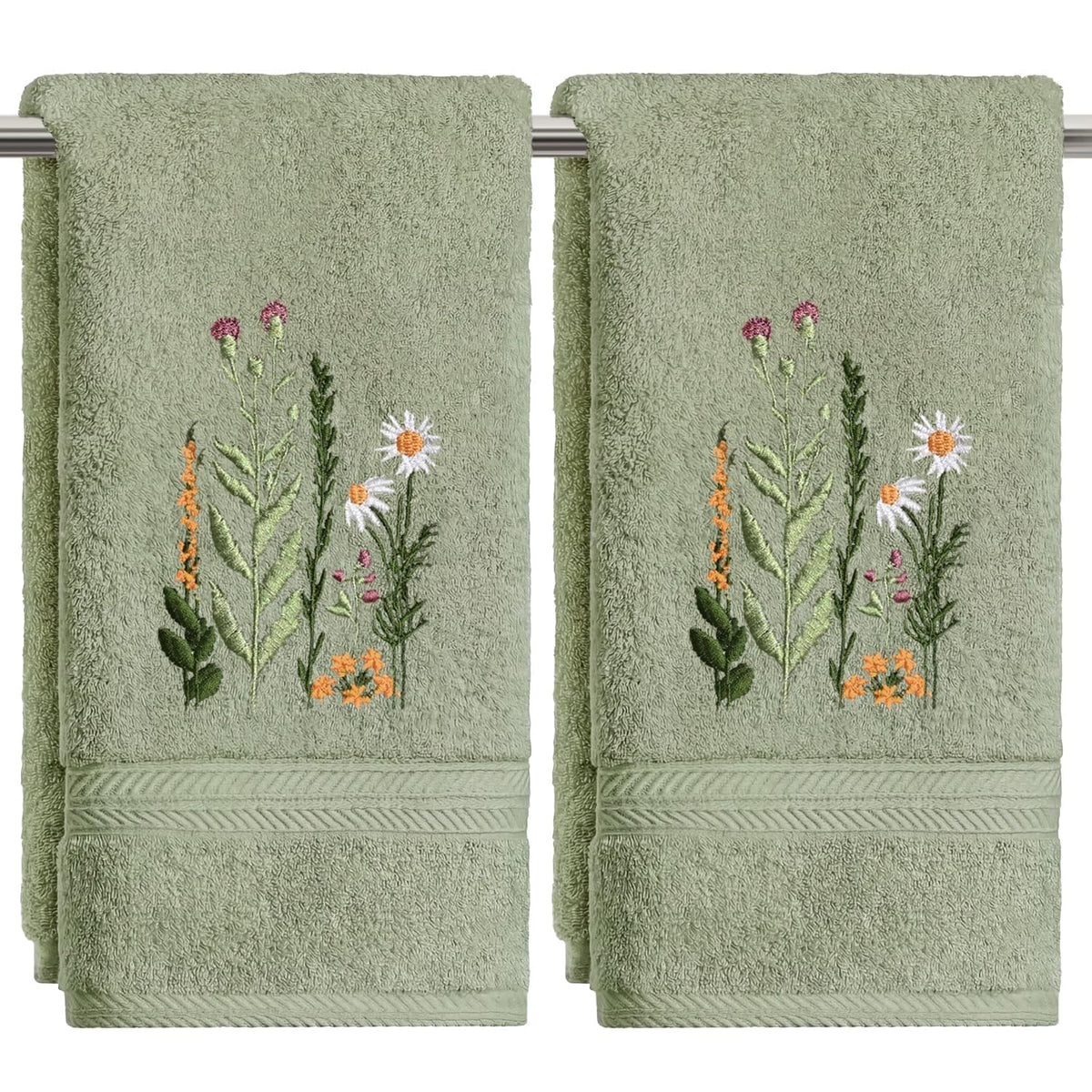Artoid Mode 2 Pcs Beige Wildflower Floral Embroidered Hand Towels for Bathroom, 100% Cotton Soft Absorbent Farmhouse Decor Towels, 13.7 x 29.5 Inch
