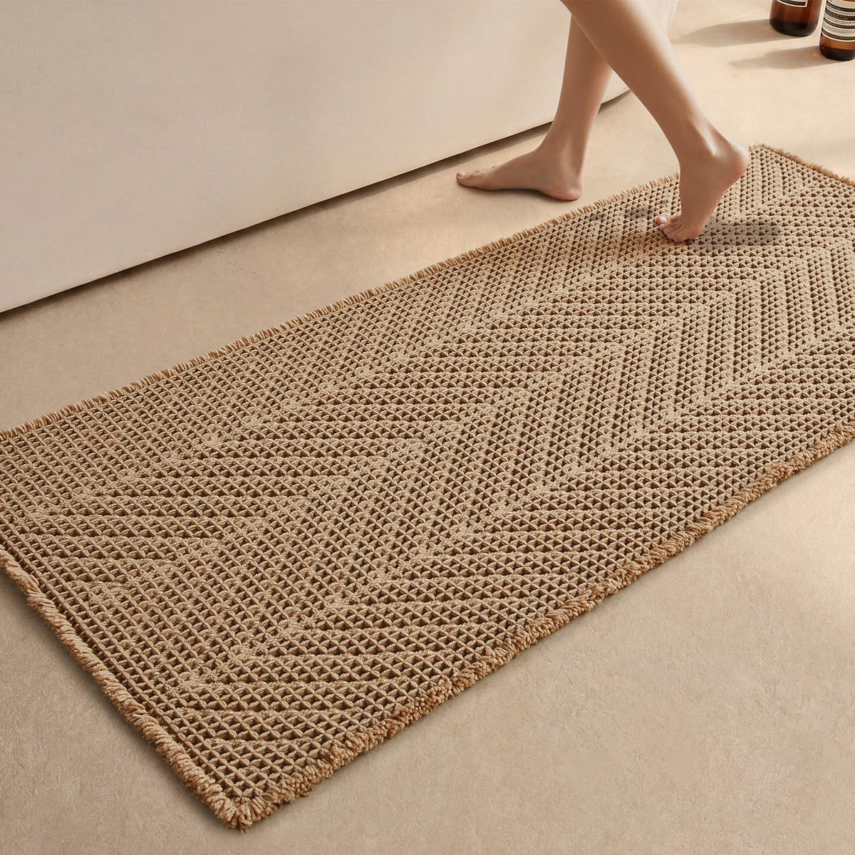 Sunfly Boho Herringbone Waffle Bath Mat, Ultra Soft Non-Slip Bathroom Rug - Super Absorbent & Quick Dry, Washable Bath Rug for Bathroom 16"x24" Taupe