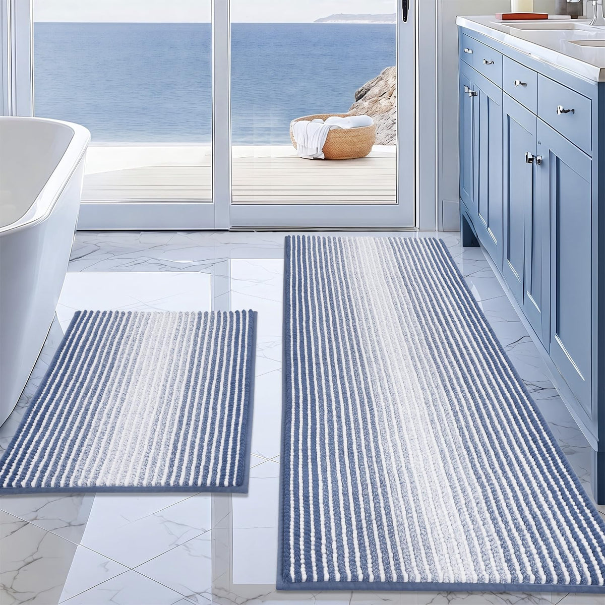 BSICPRO Large Chenille Bathroom Rugs Runner, 20x47 Striped Bath Mats, Beige