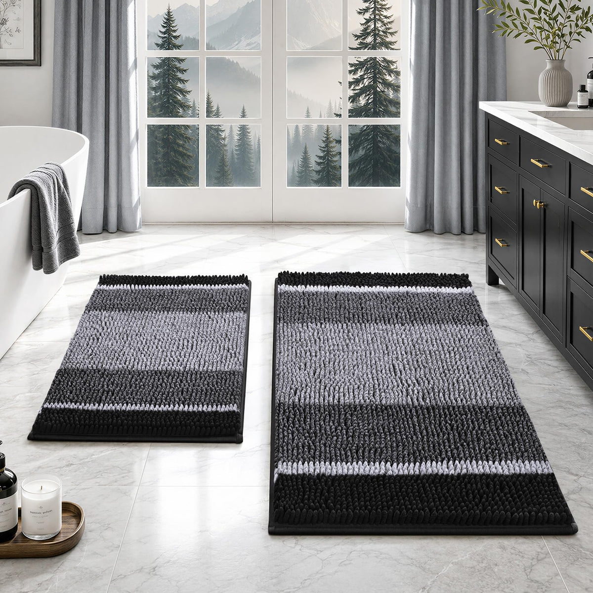 HOMEIDEAS Blue Bathroom Rugs Sets 2 Piece Chenille, 20"x32"+17"x24"