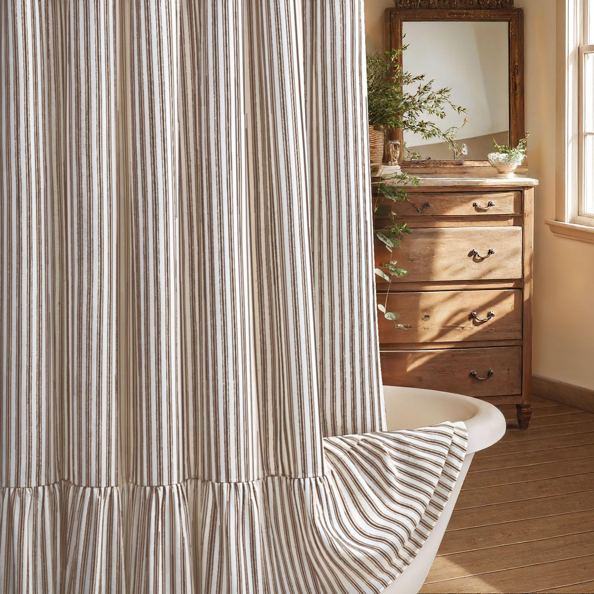 Farmhouse Shower Curtain Ruffle Linen Beige 72" W x 72" L