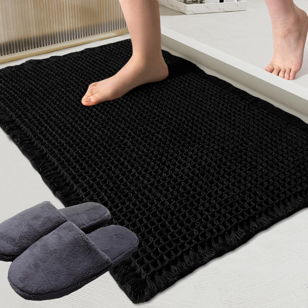 ZALL Waffle Bath Mat,Dark Green Super Absorbent Non Slip Bathroom Rug,17x24inch,Machine Washable Ultra Soft Floor Mats