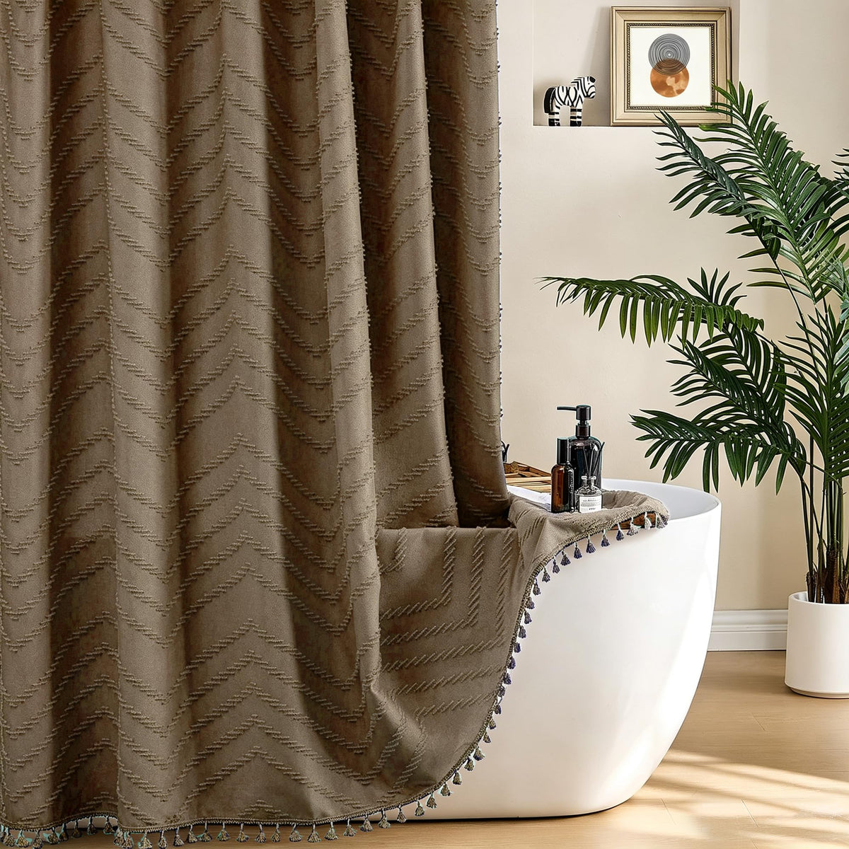 Siiluminisoy Boho Shower Curtain with Tassel Woven Fabric Olive Green Shower Curtain 72 x 72 Modern Farmhouse Textured Tufted Chevron Striped Minimalist Bathroom Shower Curtains