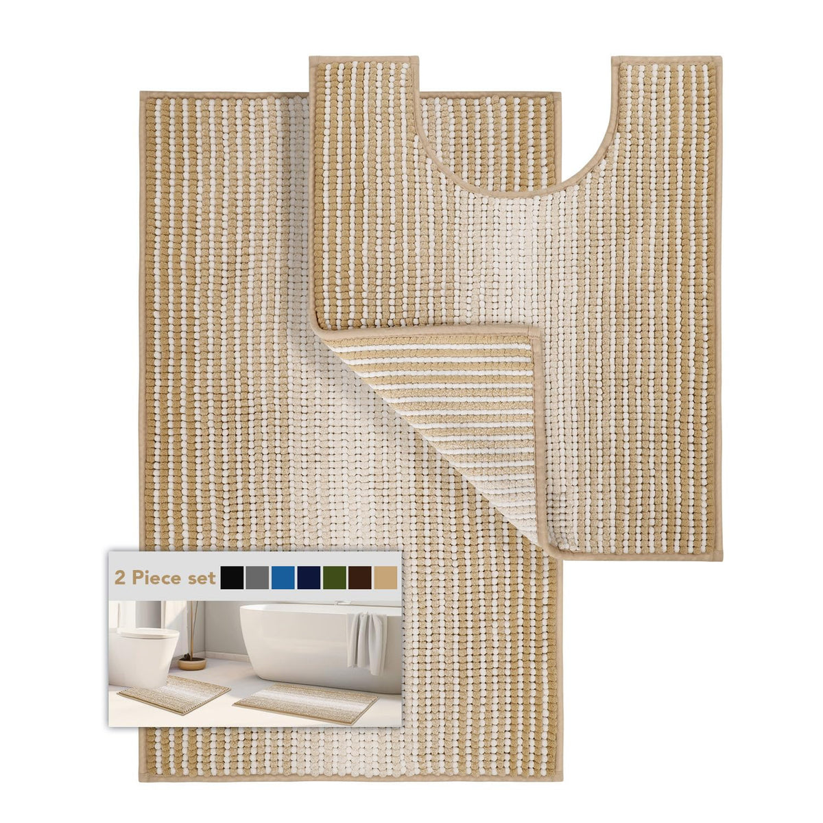 BSICPRO Large Chenille Bathroom Rugs Runner, 20x47 Striped Bath Mats, Beige