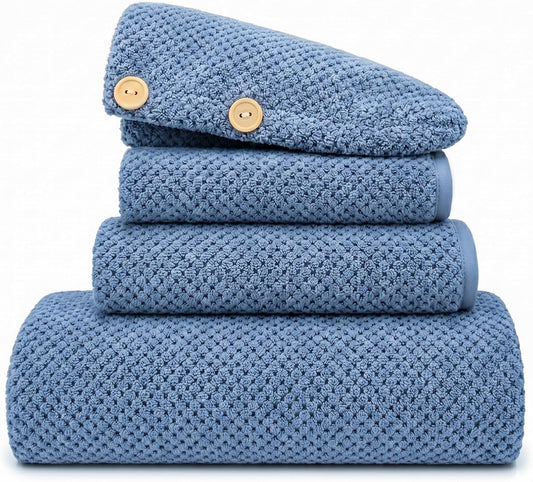MaopaoBeauty Bath Towels for Bathroom Towel Set Shower Towels Bath Towels Set of 4 (1 Bath Towel, 1 Hair Towel, 1 Hand Towel, 1 Washcloth),Soft and Absorbent (Blue)