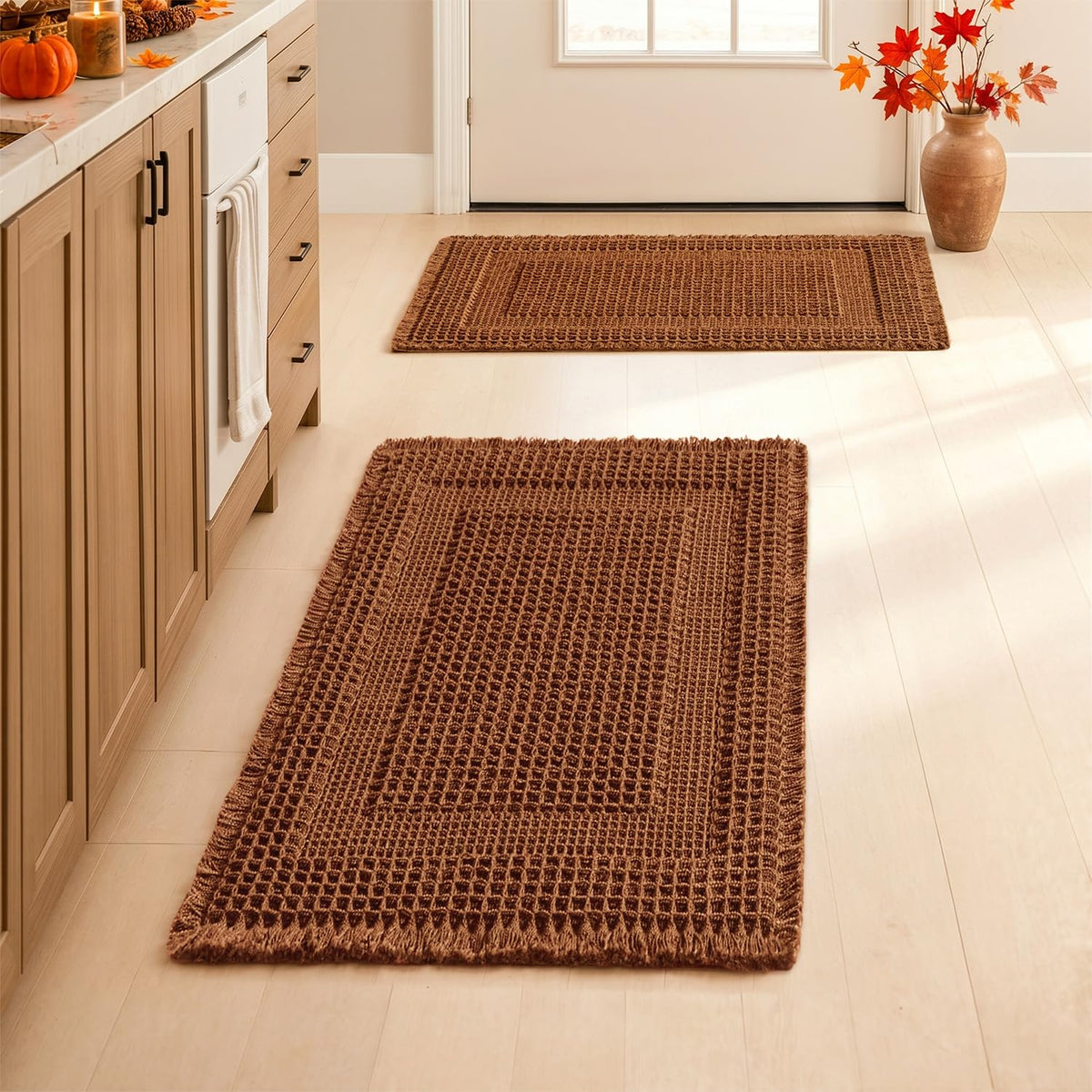 MIULEE Set of 2 Waffle Bathroom Rugs Brown&Cream Boho Bath Mat 17x24+18x30