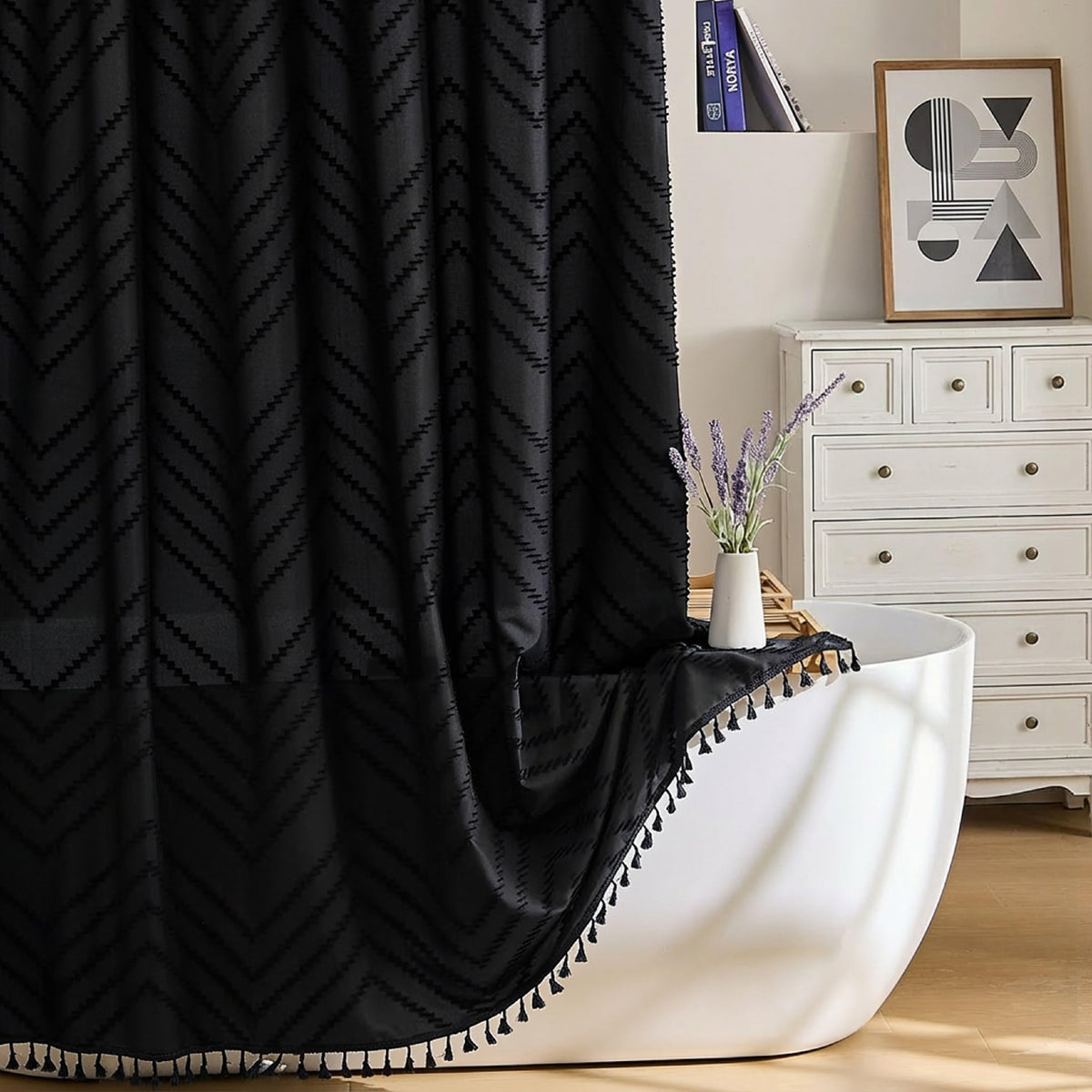 Siiluminisoy Boho Shower Curtain with Tassel Woven Fabric Olive Green Shower Curtain 72 x 72 Modern Farmhouse Textured Tufted Chevron Striped Minimalist Bathroom Shower Curtains