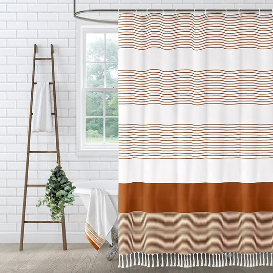 Boho Orange Fall Cotton Striped Shower Curtain with Tassel 72"W X 72"L