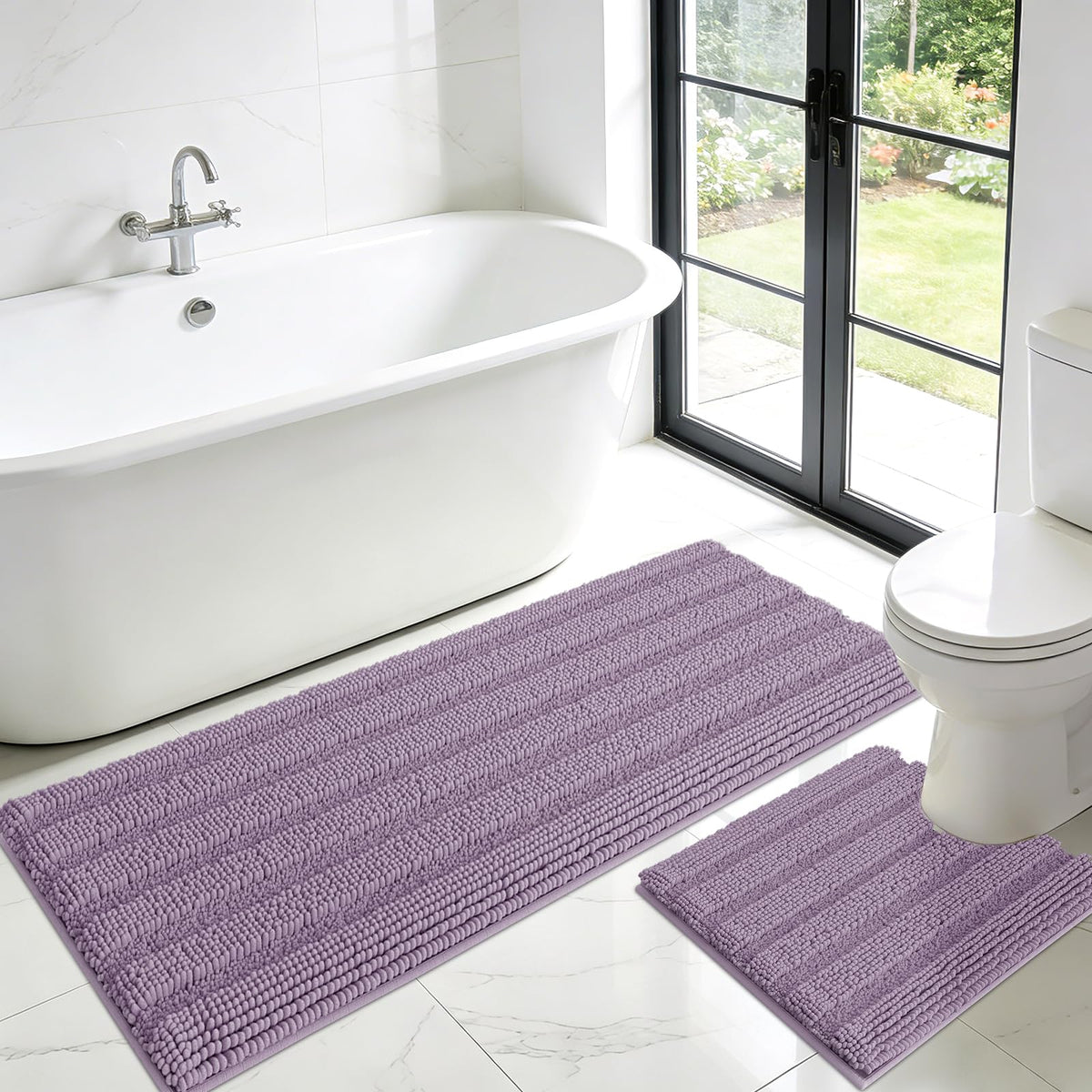 ACCUMTEK Christmas Striped Pink Bathroom Rug Set 3 Pieces Ultra Soft, Non Slip Chenille Toilet Mat, Absorbent Plush Shaggy Bath Mats for Bathroom, Bedroom, Kitchen