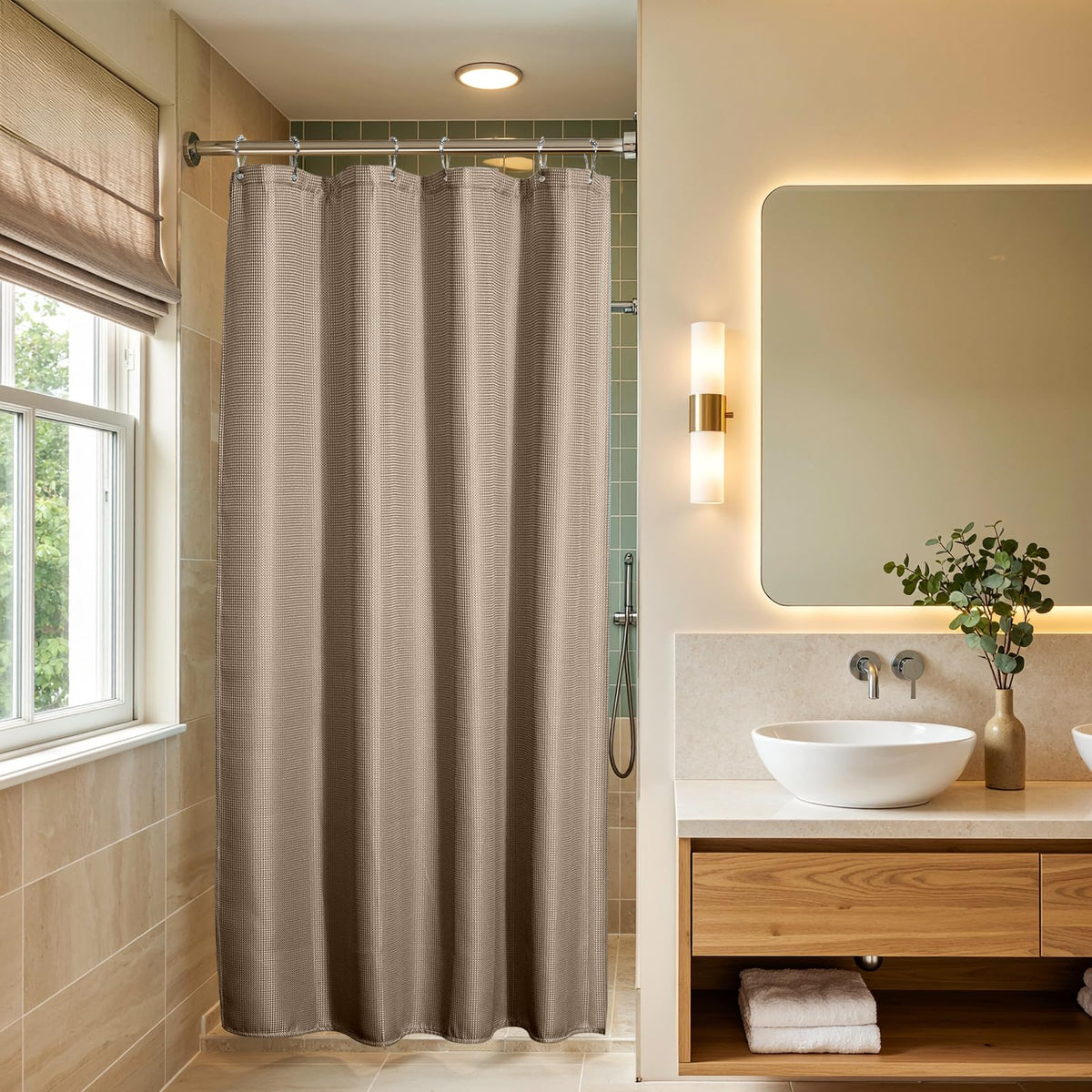 AmazerBath Blush Pink Shower Curtain Fabric, Waffle Shower Curtain Heavy Duty 240GSM, Hotel Quality Bathroom Shower Curtains, 72 x 72 Inches