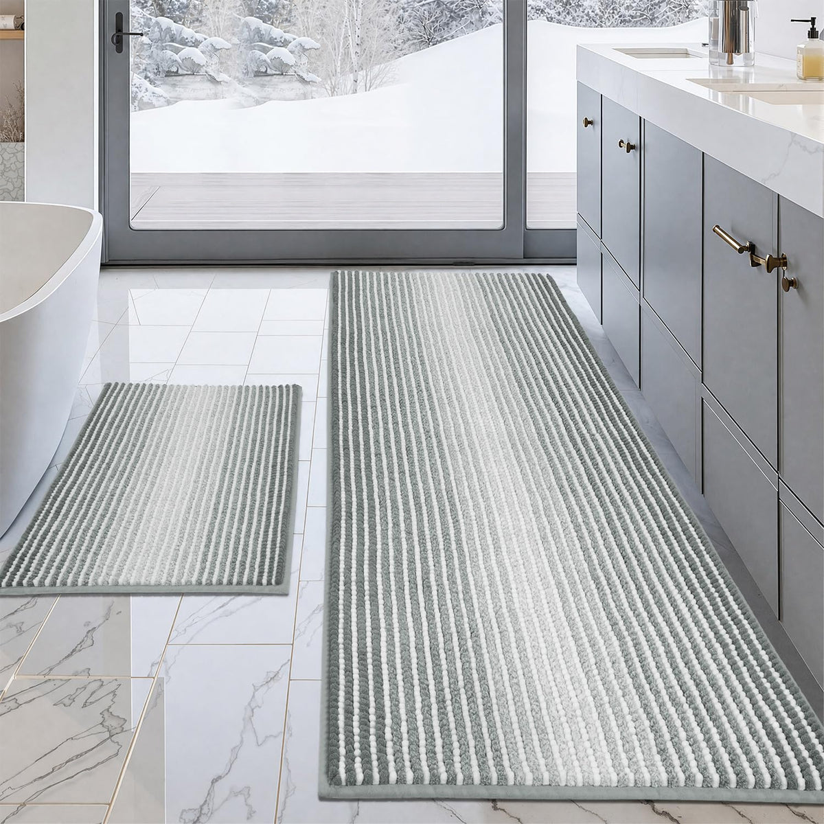 BSICPRO Large Chenille Bathroom Rugs Runner, 20x47 Striped Bath Mats, Beige