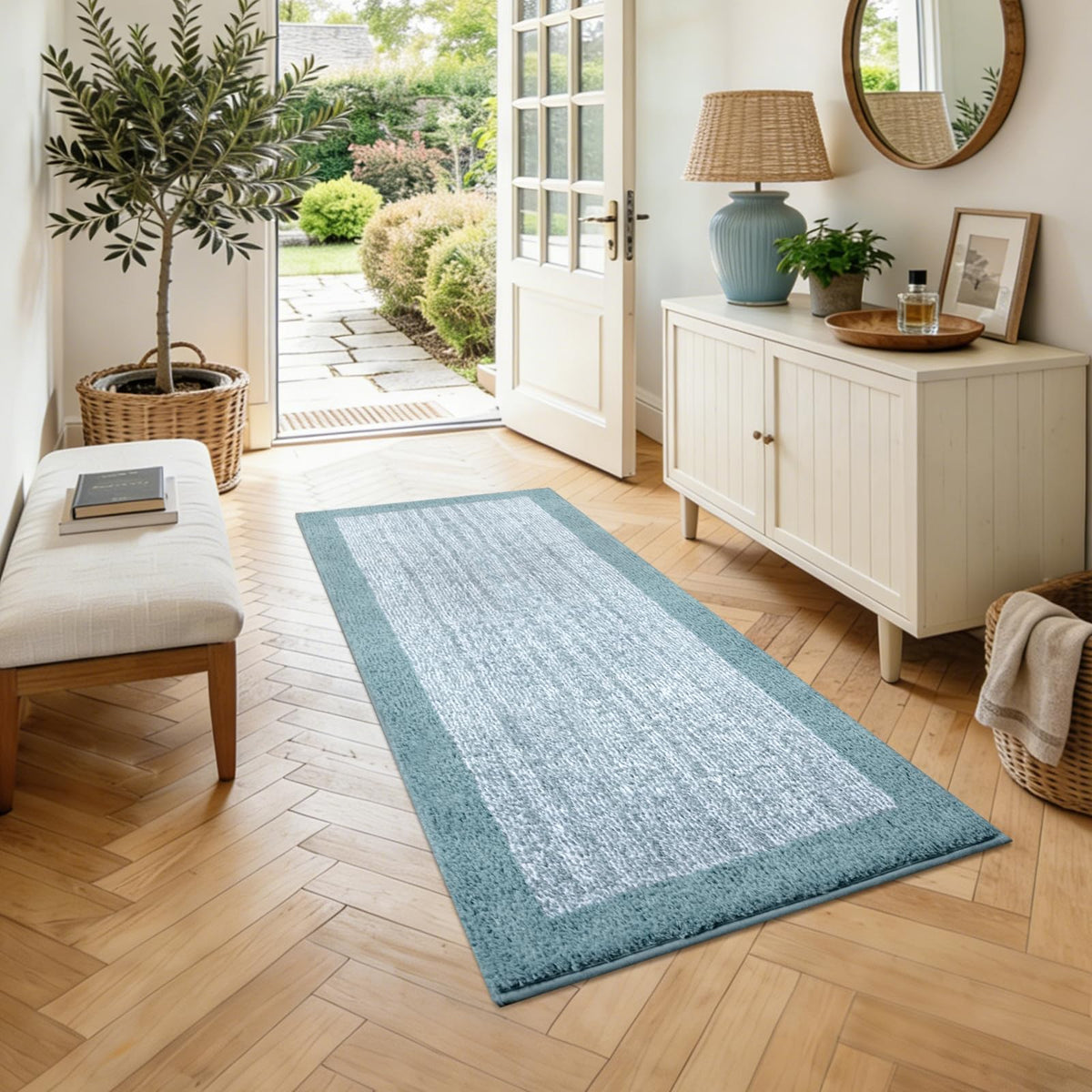 48x24 Long Bathroom Rugs Non Slip Washable, Soft Absorbent Bath Mat Blue