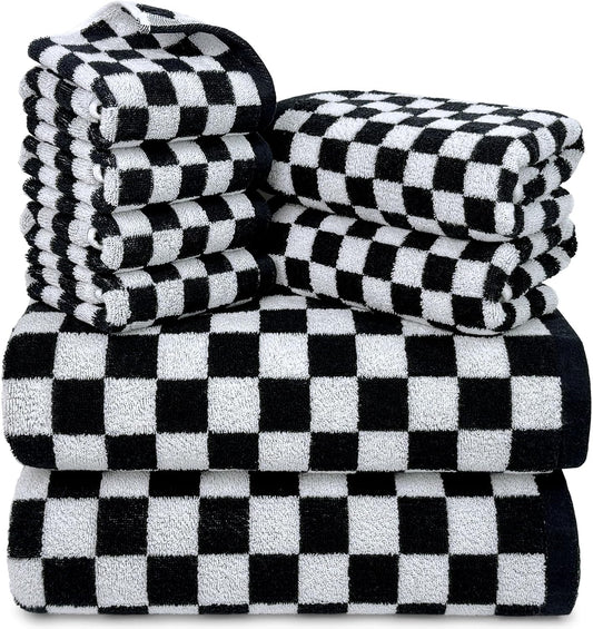 Black and White Towels Set of 8, Cute Checkered Towels for Bathroom Decor