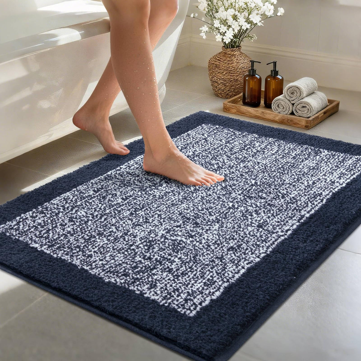 48x24 Long Bathroom Rugs Non Slip Washable, Soft Absorbent Bath Mat Blue
