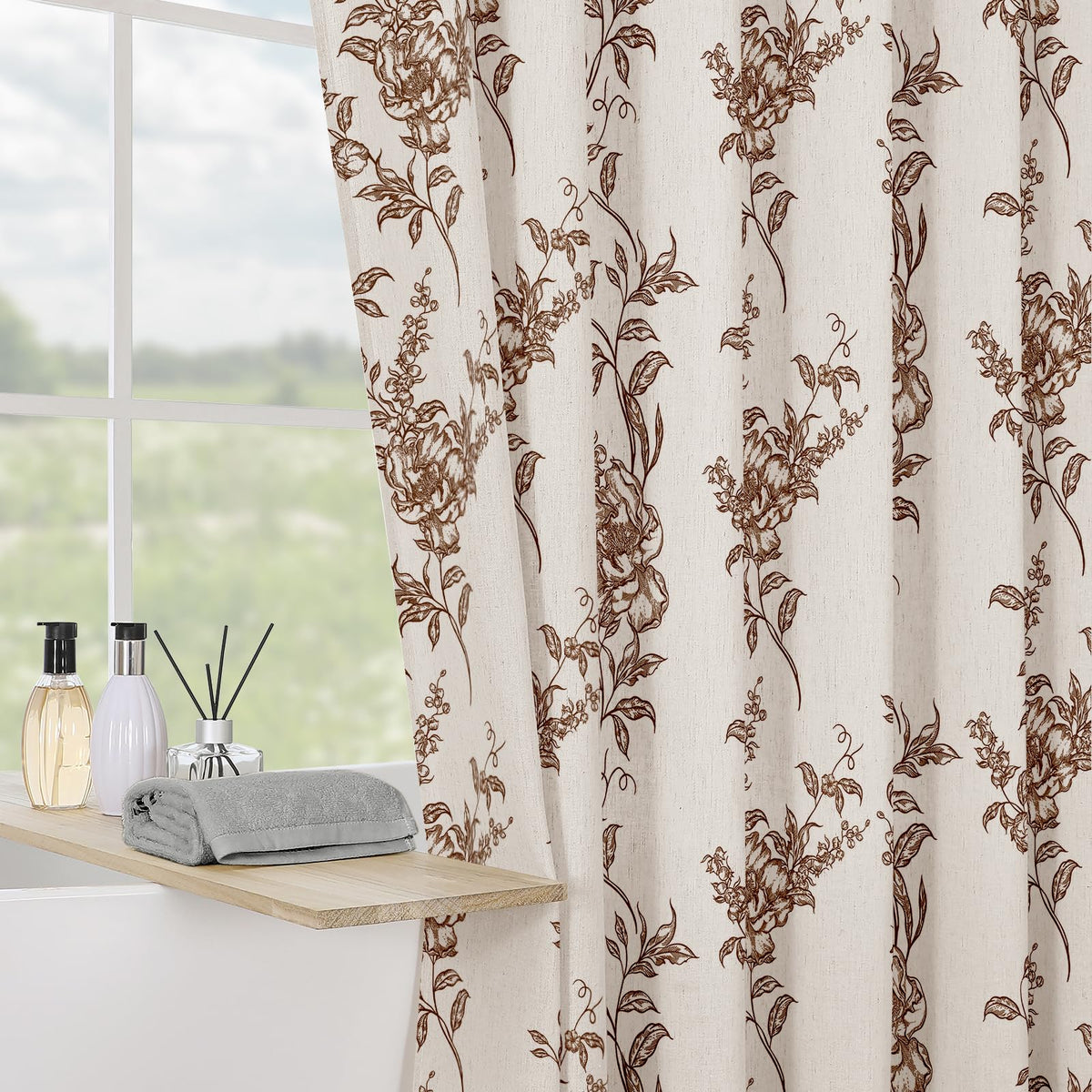 Sage Linen Farmhouse Shower Curtain, Boho Floral Bathroom 72x72