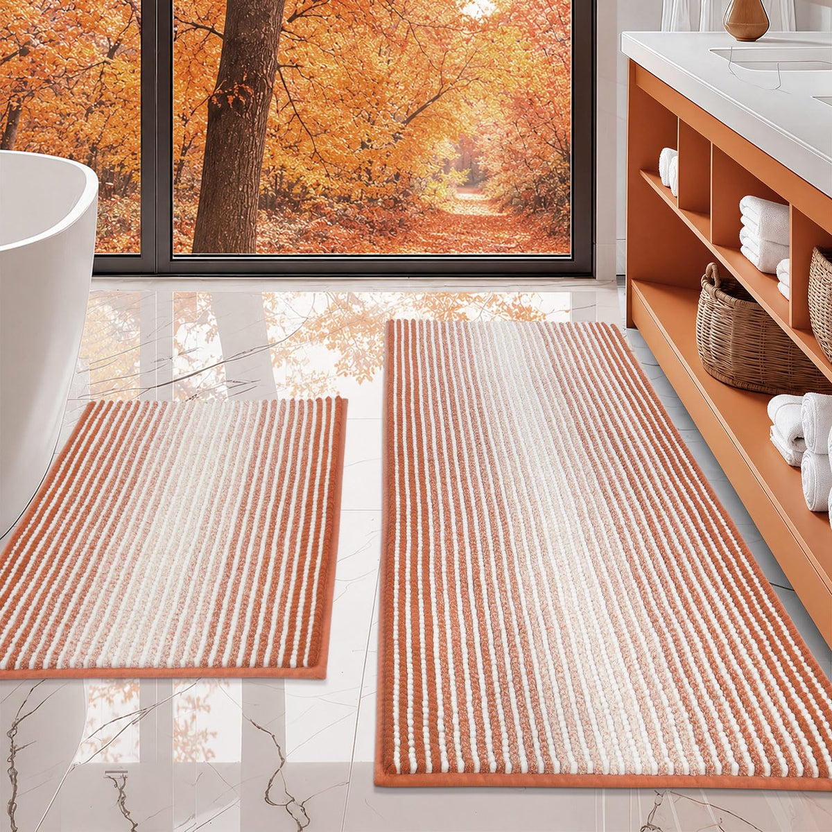 BSICPRO Large Chenille Bathroom Rugs Runner, 20x47 Striped Bath Mats, Beige
