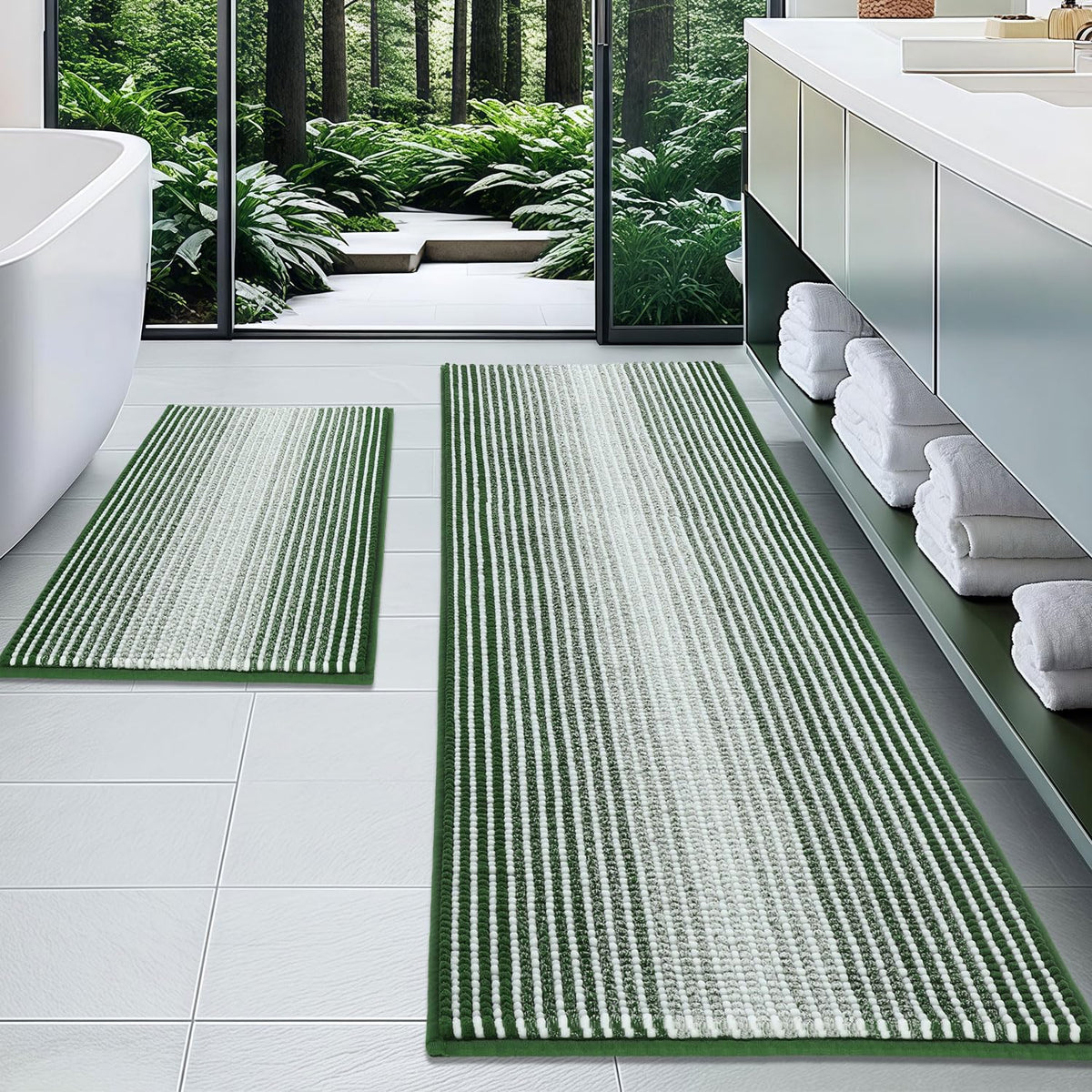 BSICPRO Large Chenille Bathroom Rugs Runner, 20x47 Striped Bath Mats, Beige