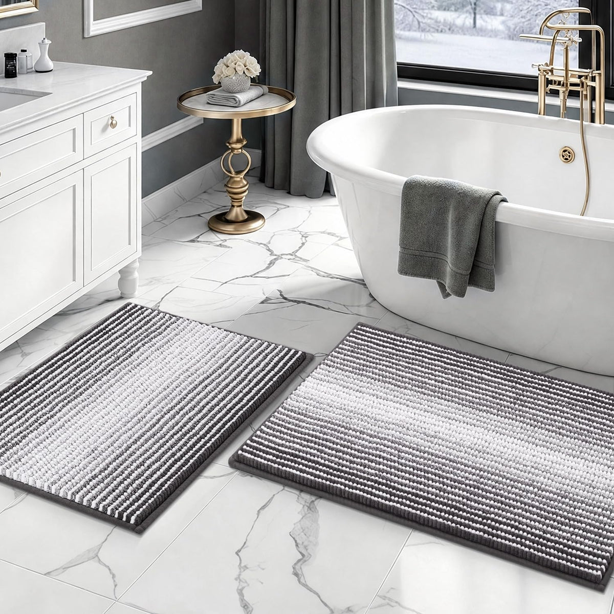 BSICPRO Large Chenille Bathroom Rugs Runner, 20x47 Striped Bath Mats, Beige