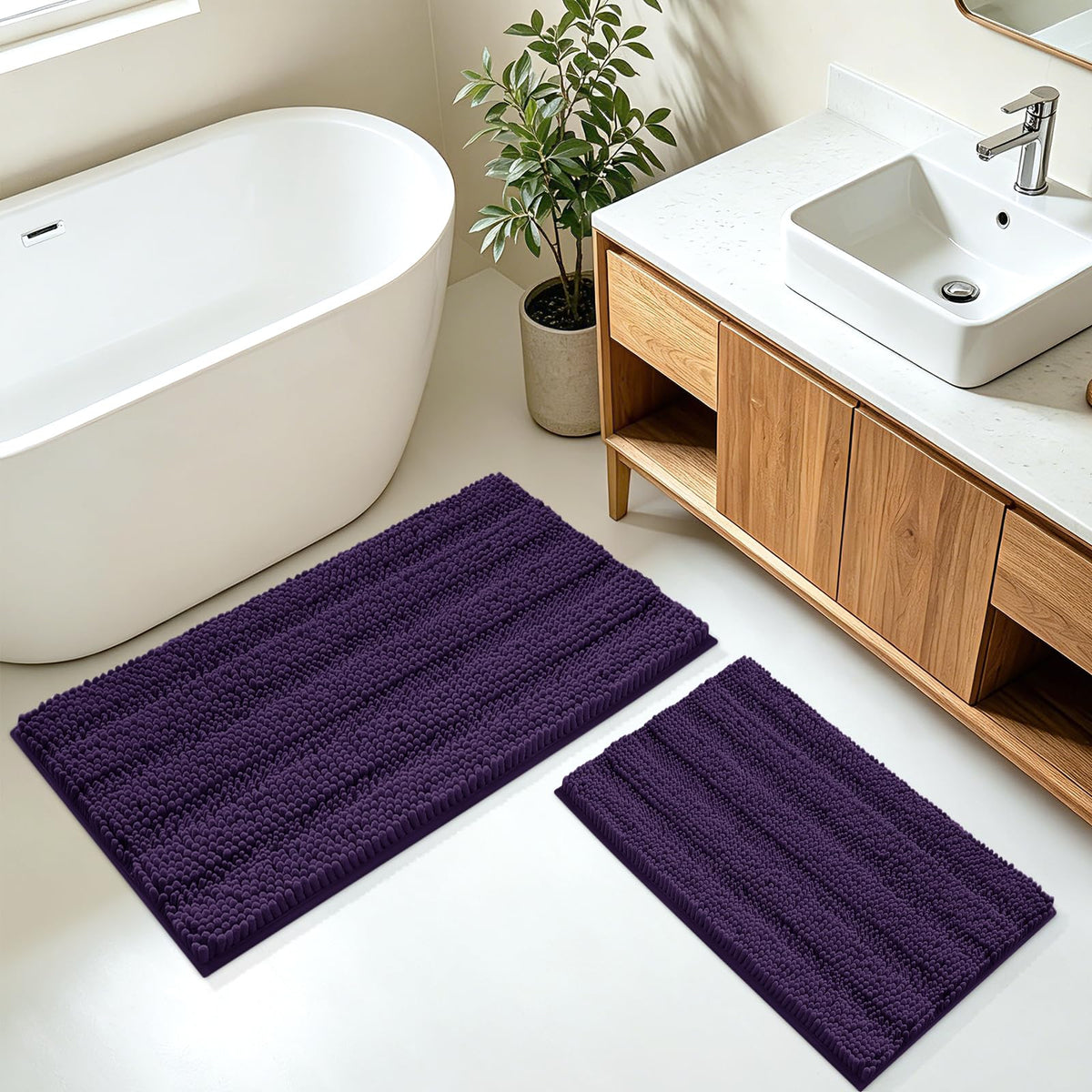 ACCUMTEK Christmas Striped Pink Bathroom Rug Set 3 Pieces Ultra Soft, Non Slip Chenille Toilet Mat, Absorbent Plush Shaggy Bath Mats for Bathroom, Bedroom, Kitchen
