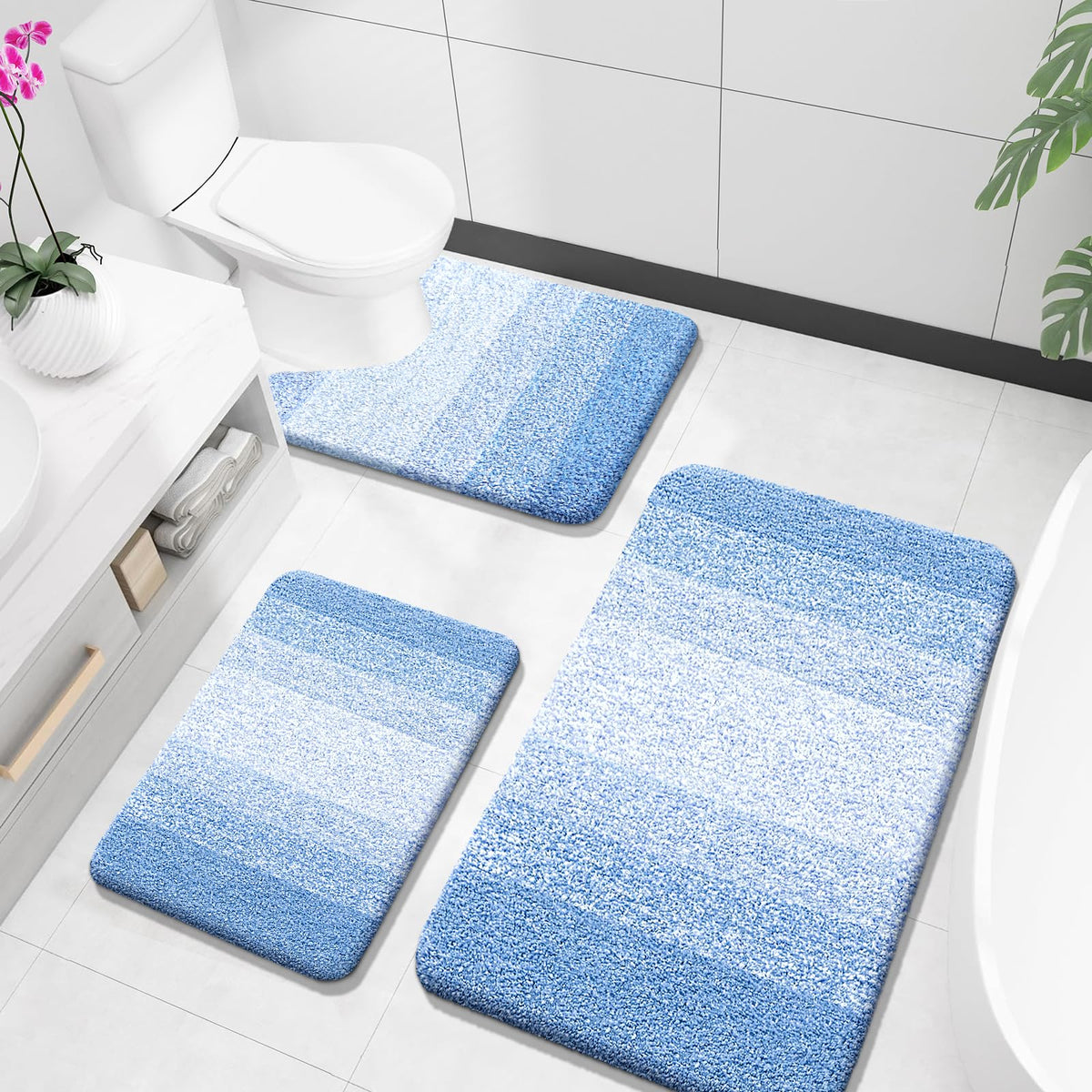 OLANLY Microfiber Bathroom Rugs Sets 3 Piece, Absorbent Bath Mats, Grey