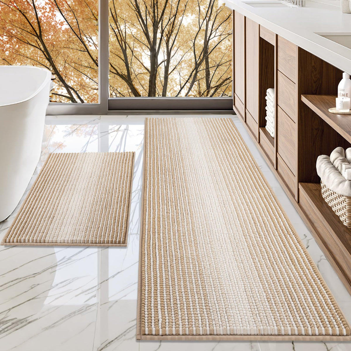 BSICPRO Large Chenille Bathroom Rugs Runner, 20x47 Striped Bath Mats, Beige
