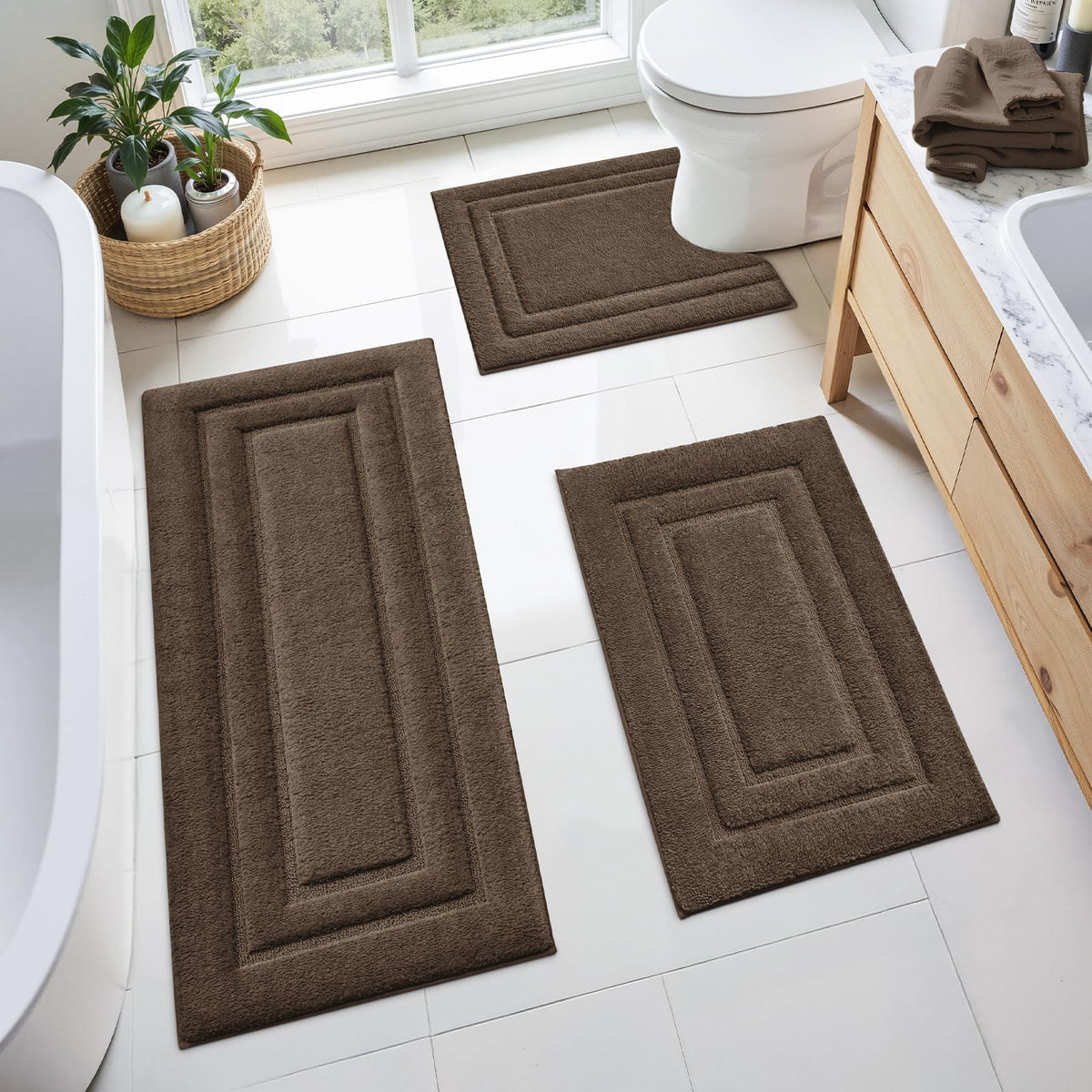 HOMEIDEAS Grey Bathroom Rugs Set of 3, Non Slip Bath Mats