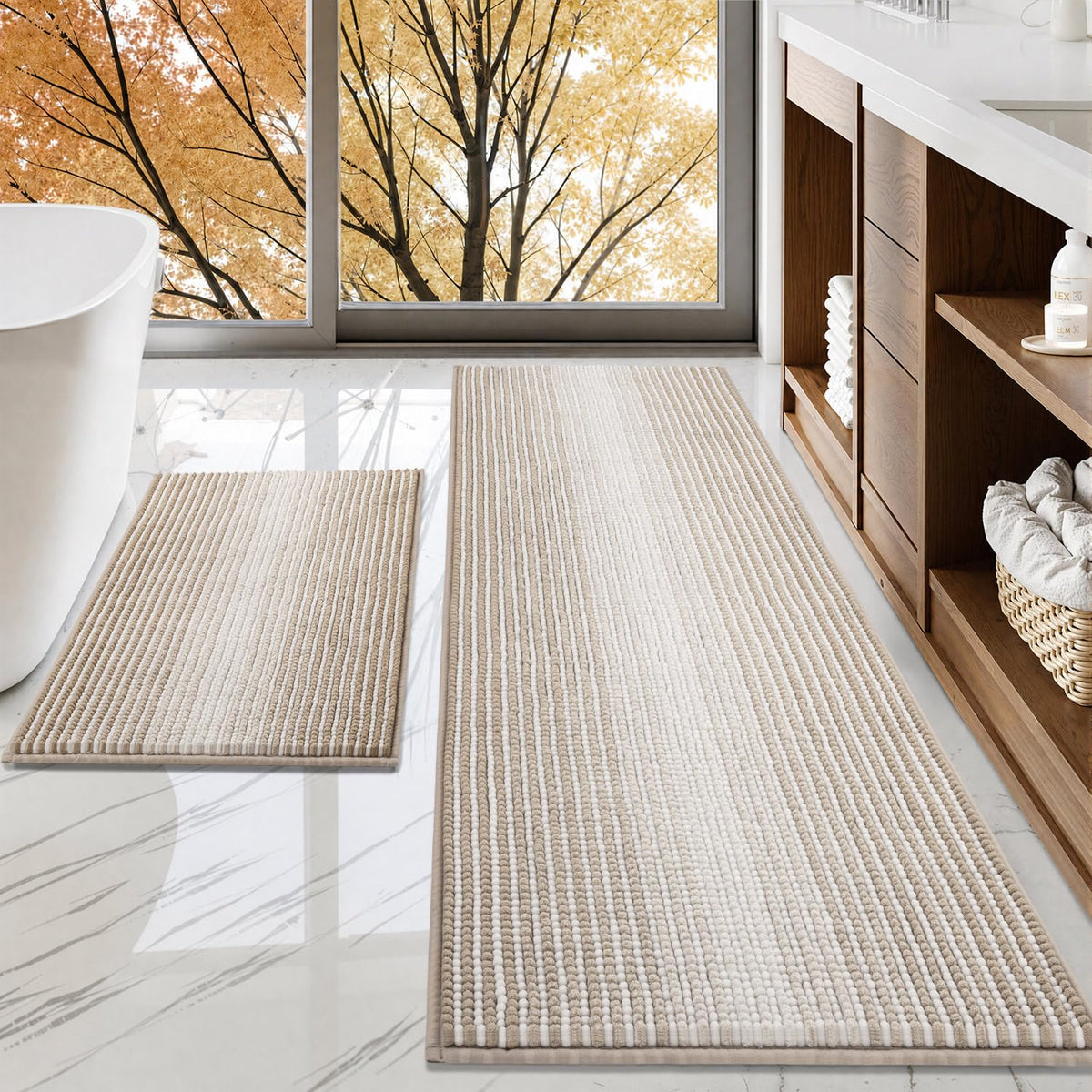 BSICPRO Large Chenille Bathroom Rugs Runner, 20x47 Striped Bath Mats, Beige