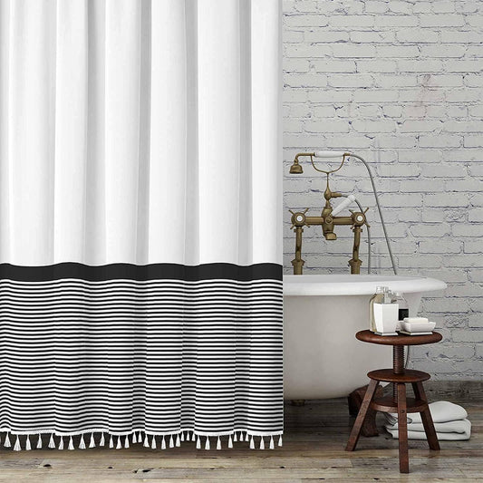 Seasonwood Black and White Shower Curtain Striped with Tassels 72 x 72