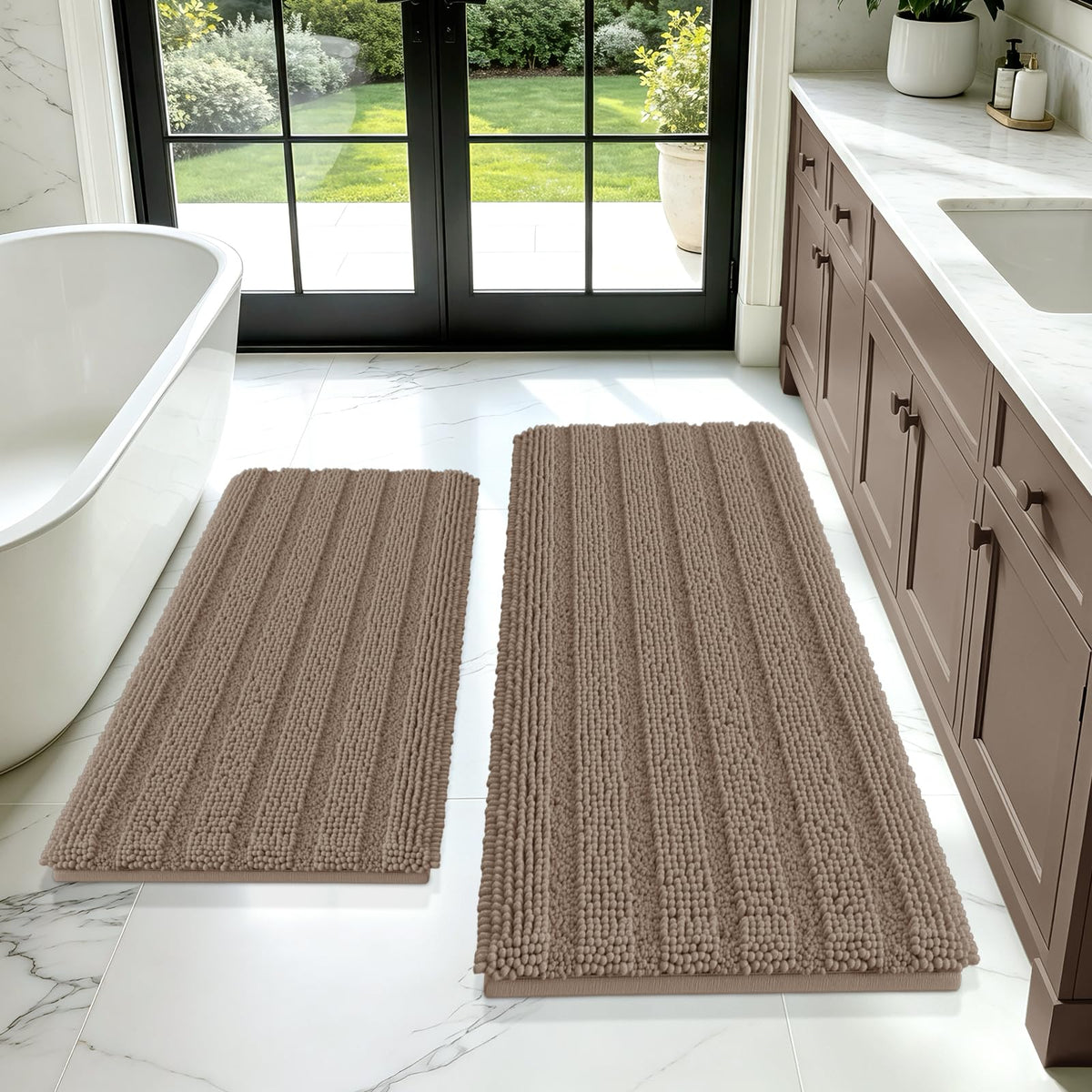 ACCUMTEK Christmas Striped Pink Bathroom Rug Set 3 Pieces Ultra Soft, Non Slip Chenille Toilet Mat, Absorbent Plush Shaggy Bath Mats for Bathroom, Bedroom, Kitchen