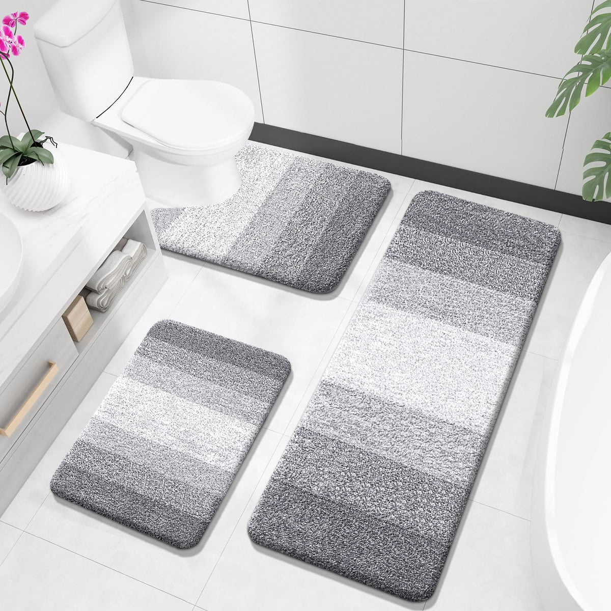 OLANLY Microfiber Bathroom Rugs Sets 3 Piece, Absorbent Bath Mats, Grey