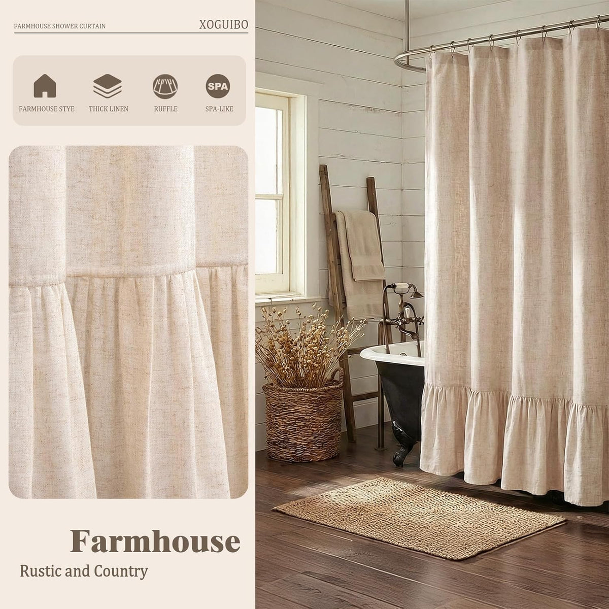 Farmhouse Shower Curtain Ruffle Linen Beige 72" W x 72" L