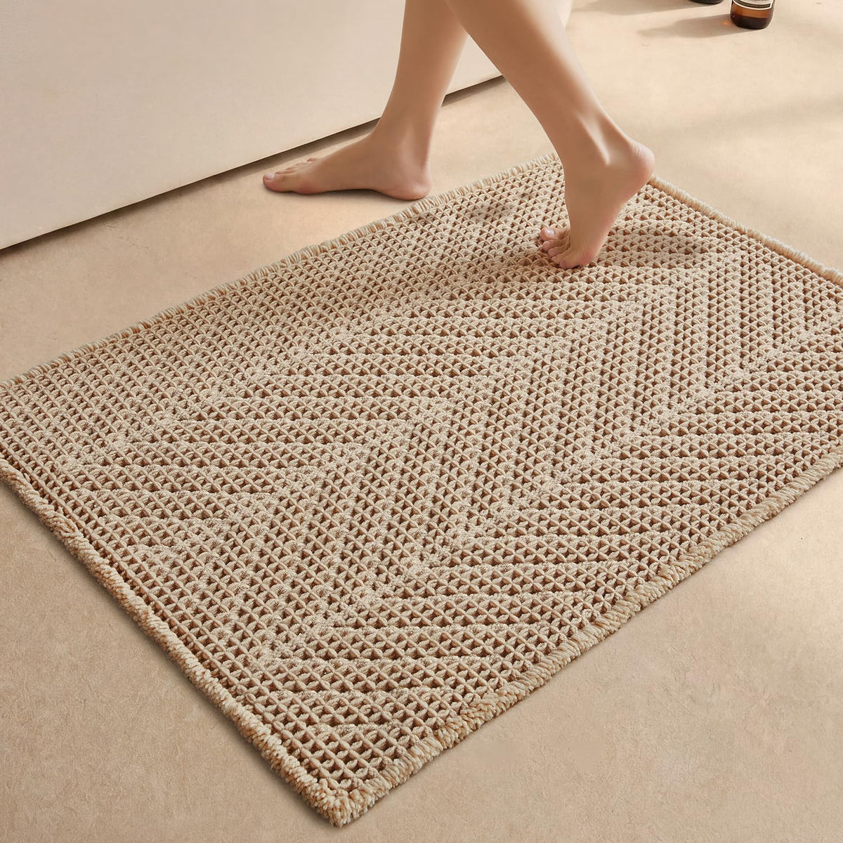 Sunfly Boho Herringbone Waffle Bath Mat, Ultra Soft Non-Slip Bathroom Rug - Super Absorbent & Quick Dry, Washable Bath Rug for Bathroom 16"x24" Taupe