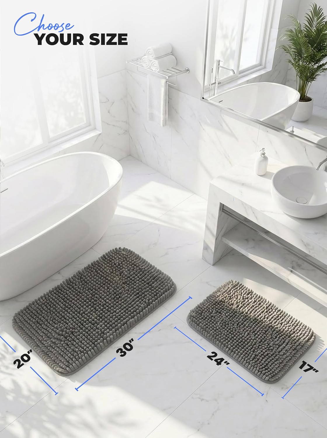Utopia Home Absorbent Chenille Bath Rug Mat for Bathroom, 24x17 Inch, Grey