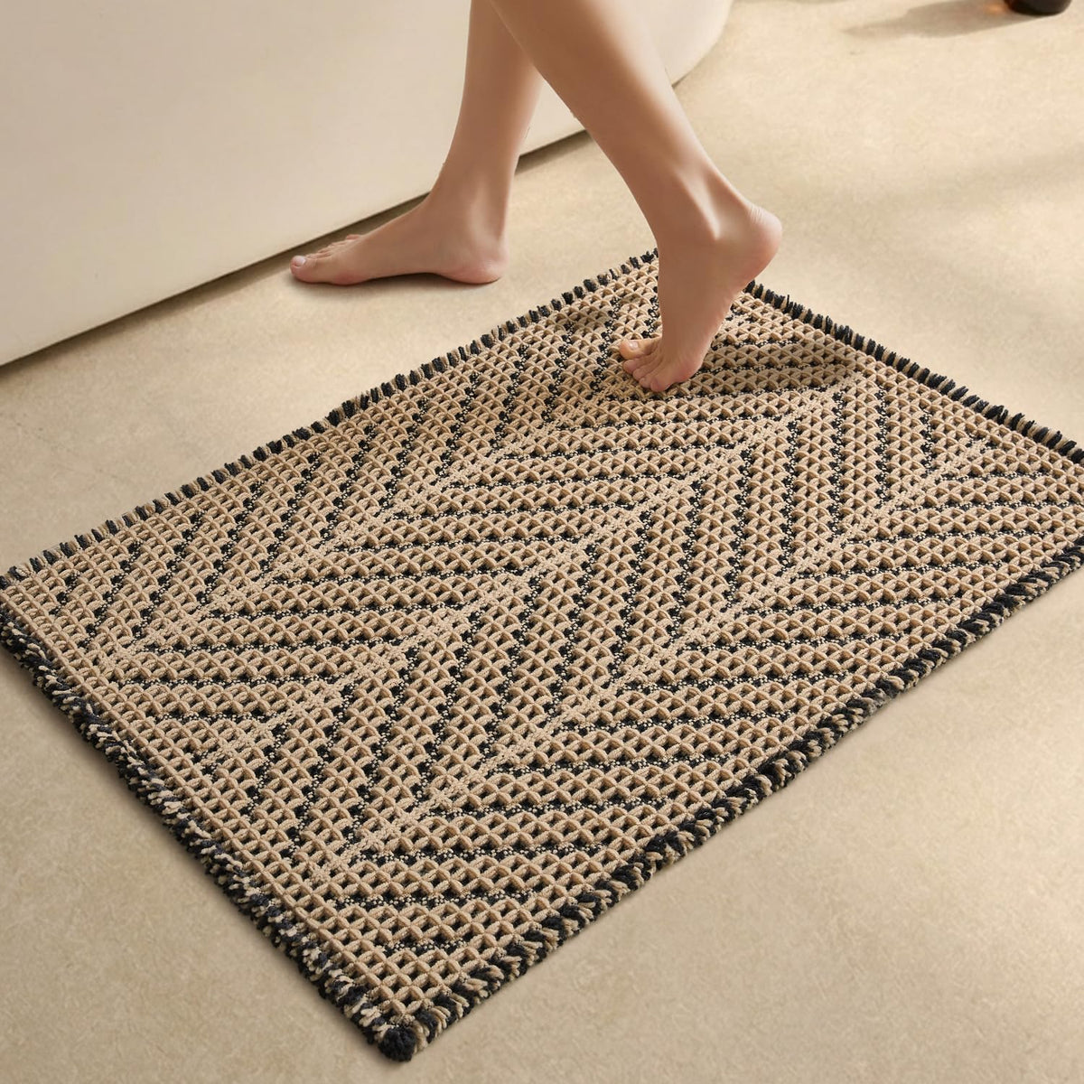 Sunfly Boho Herringbone Waffle Bath Mat, Ultra Soft Non-Slip Bathroom Rug - Super Absorbent & Quick Dry, Washable Bath Rug for Bathroom 16"x24" Taupe