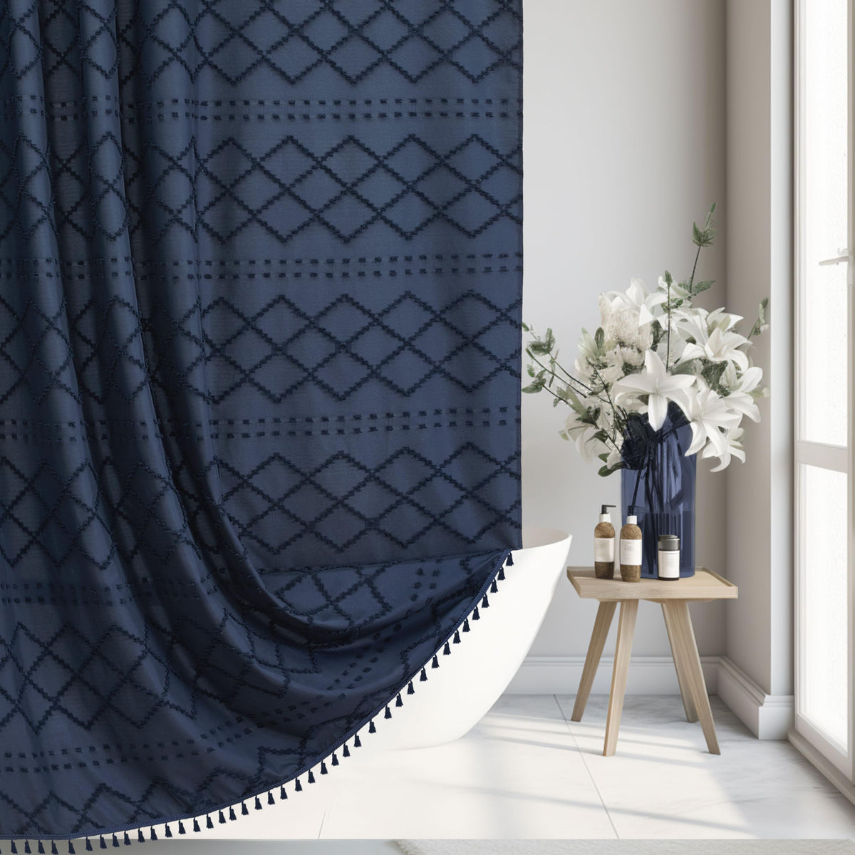 White Boho Shower Curtain Fabric Shower Curtains with Tassel 72 x 72 Modern Textured Shower Curtain Farmhouse Minimalist, Tufted Chevron Striped Shabby Chic, Water Resistant Cloth Curtain for Bathroom