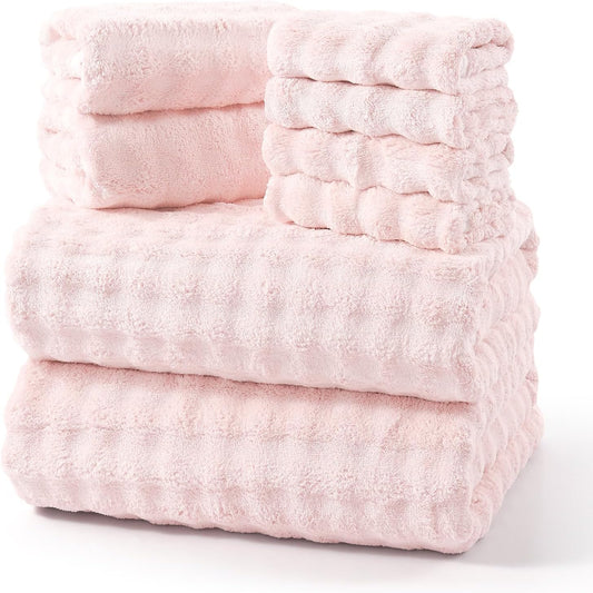 REDKISS Soft Bath Towel Sets 8-Piece, Microfiber Quick Dry & Absorbent, 35x70 in Large Bath Sheet 14x30 in Hand Towel, 12x12 in Washcloth, Pink Bathroom Towel Set