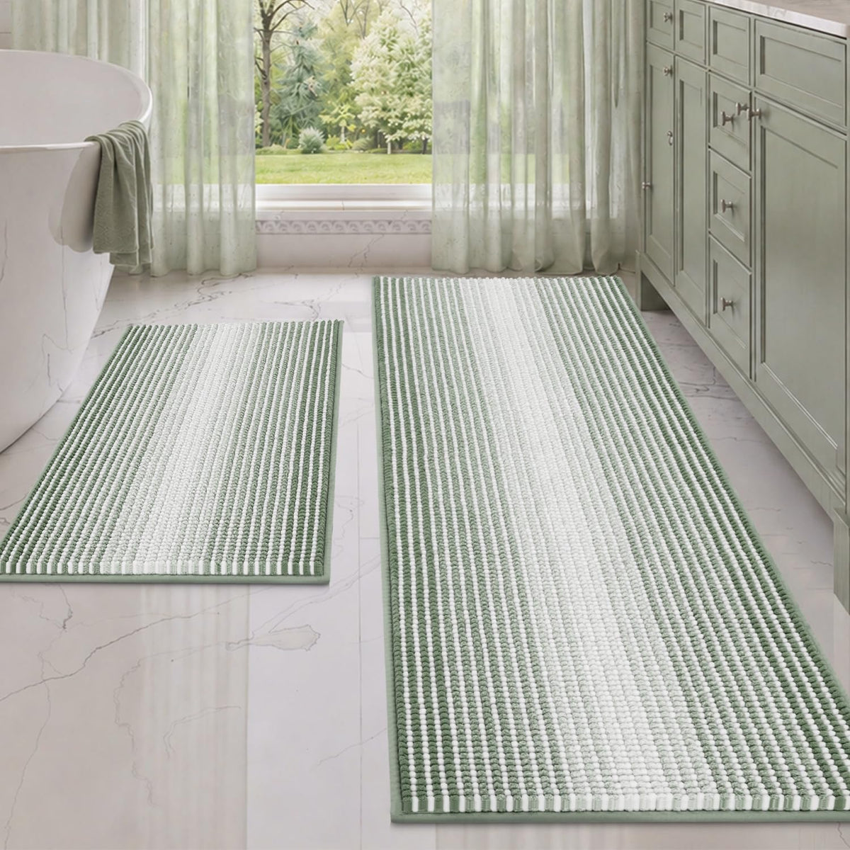 BSICPRO Large Chenille Bathroom Rugs Runner, 20x47 Striped Bath Mats, Beige