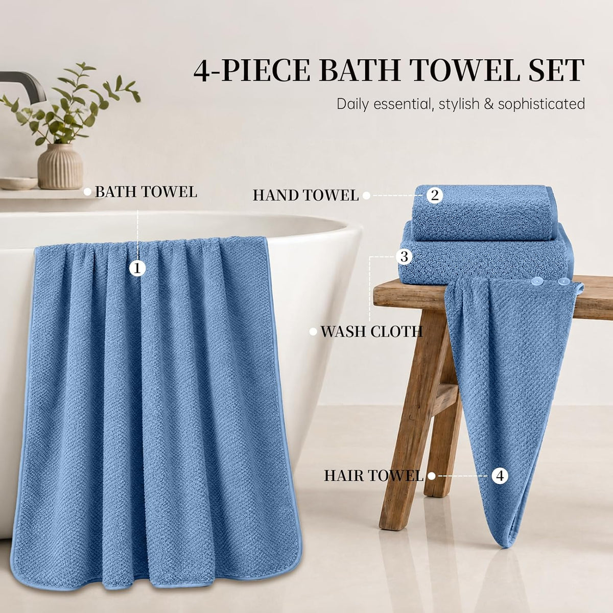 MaopaoBeauty Bath Towels for Bathroom Towel Set Shower Towels Bath Towels Set of 4 (1 Bath Towel, 1 Hair Towel, 1 Hand Towel, 1 Washcloth),Soft and Absorbent (Blue)
