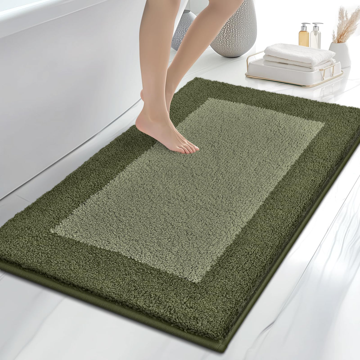 anllugs Bathroom Rugs, 20" x 30" Soft Bath Rugs, Olive Green & Green