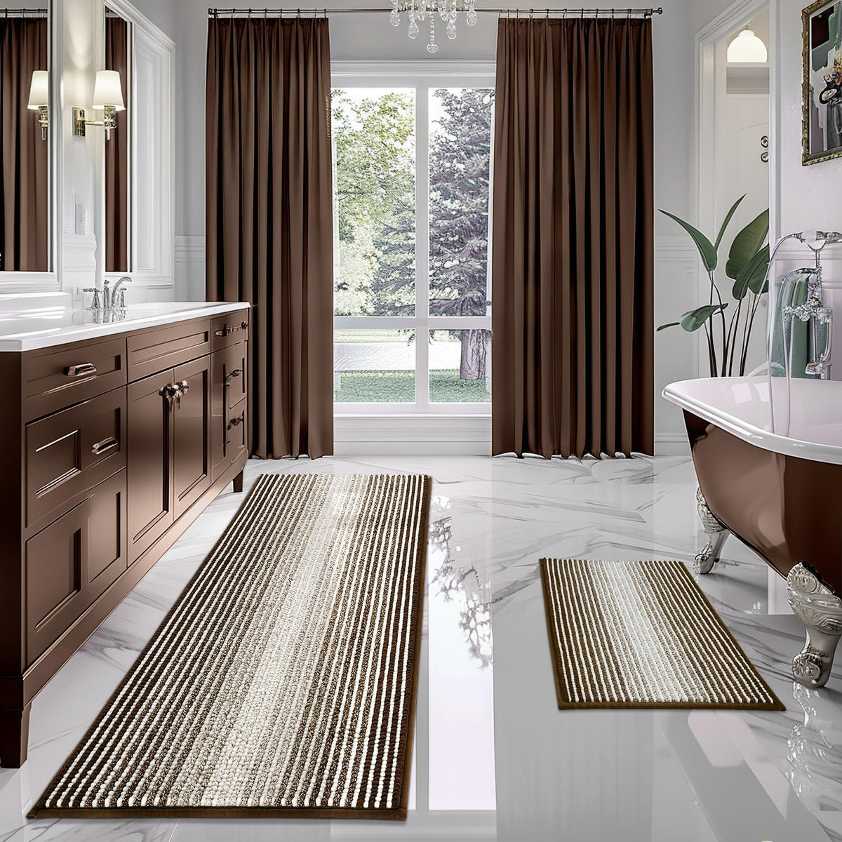 BSICPRO Large Chenille Bathroom Rugs Runner, 20x47 Striped Bath Mats, Beige