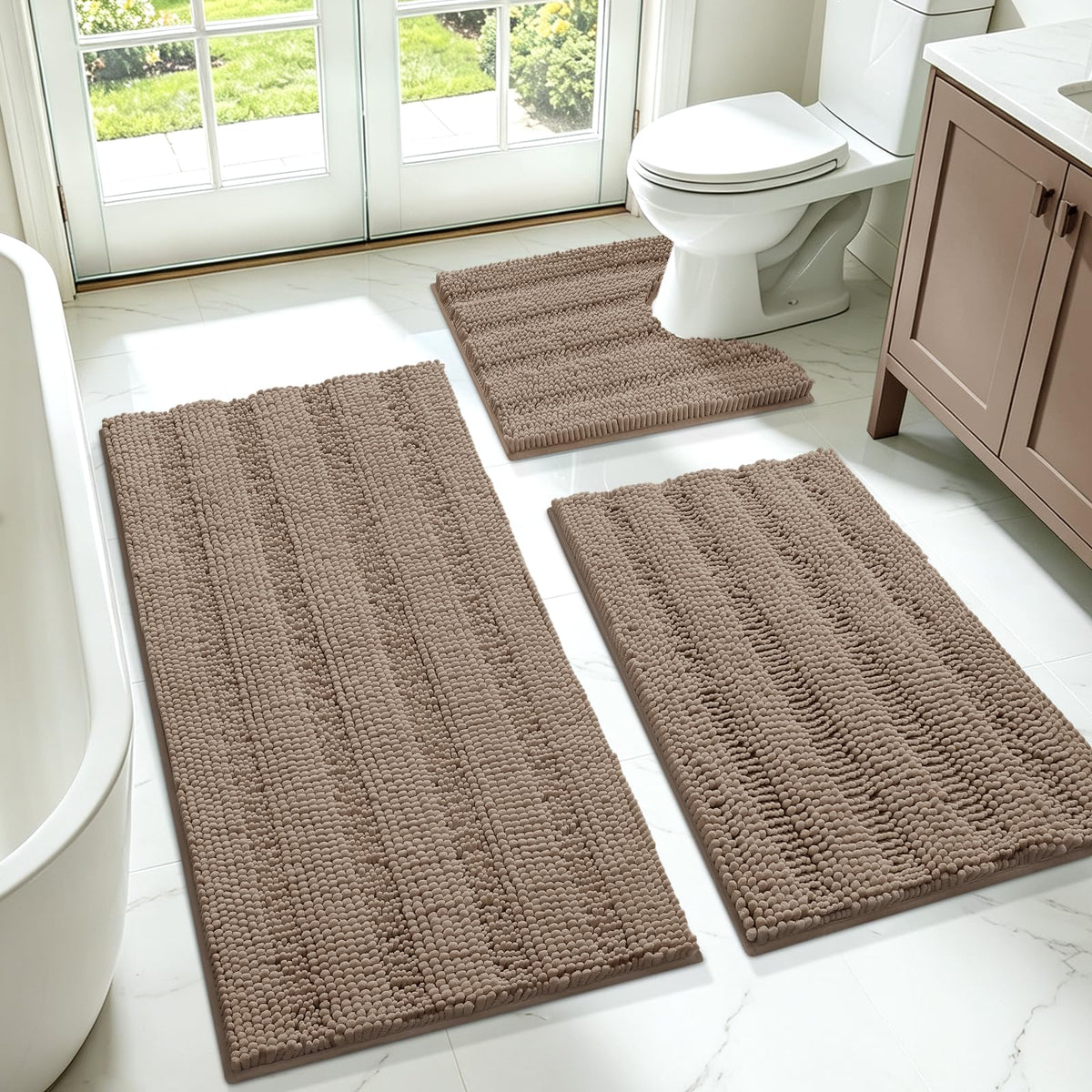 ACCUMTEK Christmas Striped Pink Bathroom Rug Set 3 Pieces Ultra Soft, Non Slip Chenille Toilet Mat, Absorbent Plush Shaggy Bath Mats for Bathroom, Bedroom, Kitchen