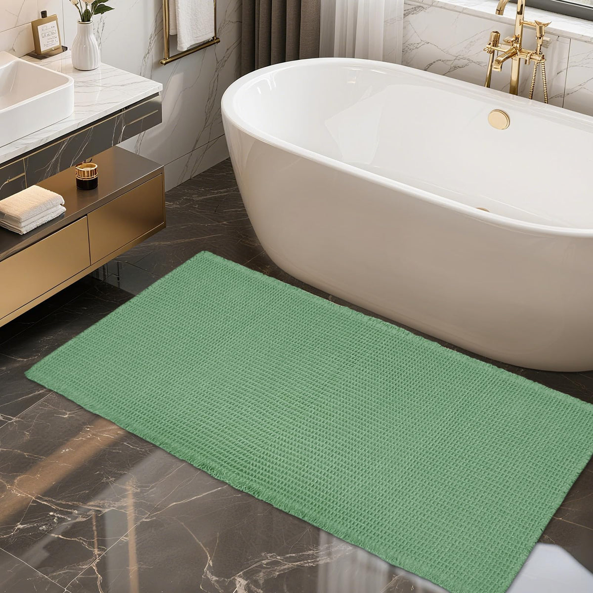 ZALL Waffle Bath Mat,Dark Green Super Absorbent Non Slip Bathroom Rug,17x24inch,Machine Washable Ultra Soft Floor Mats