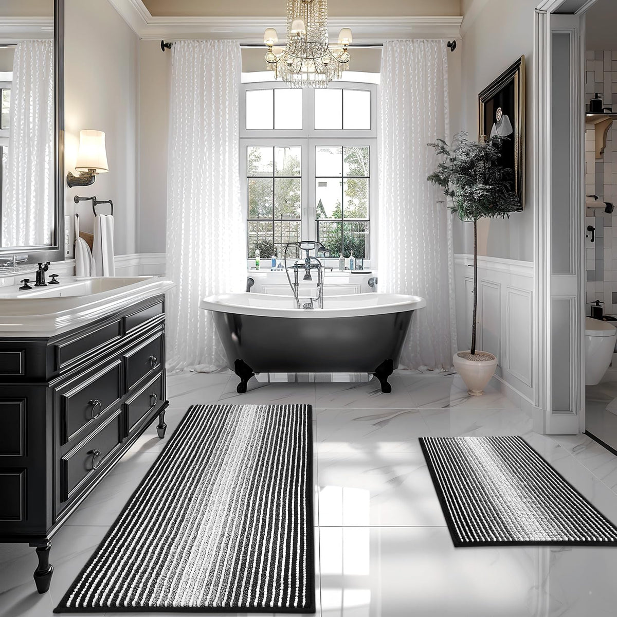 BSICPRO Large Chenille Bathroom Rugs Runner, 20x47 Striped Bath Mats, Beige